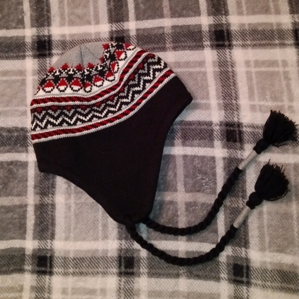 Fair Isle Winter Hat with Braided Tassels Red Black and White Nordic Print